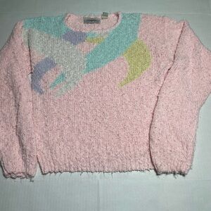 Vintage 80s pastel knit sweater pink textured abstract Retro pull over size L